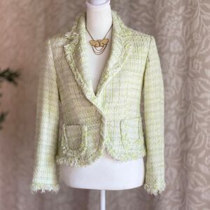 Style & Co Green Cream Tweed Blazer Twee Coastal Grandma Petite Size 2P